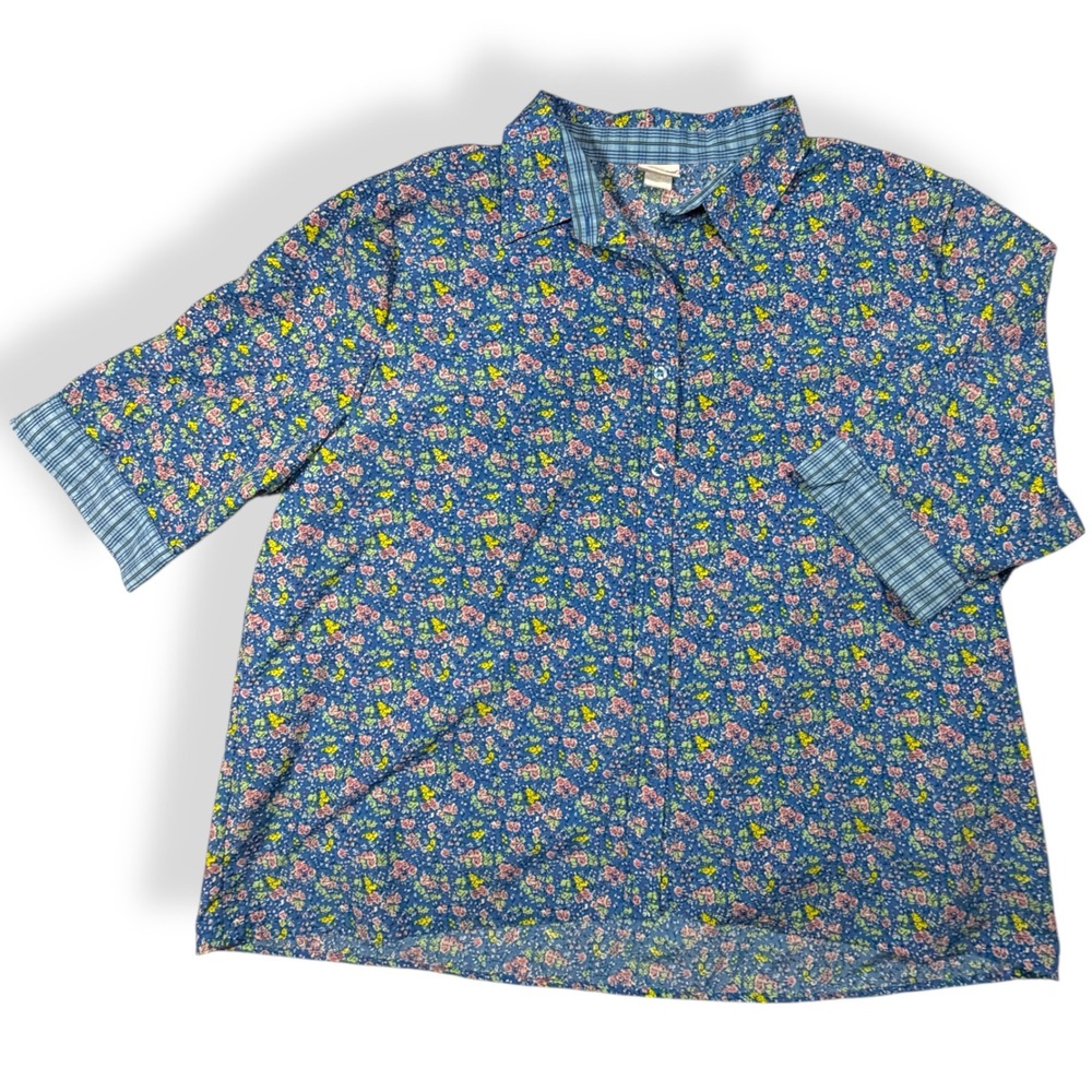 American Sweetheart Haband Blue Ditsy Floral Button Down‎ Shirt Vtg lightweight